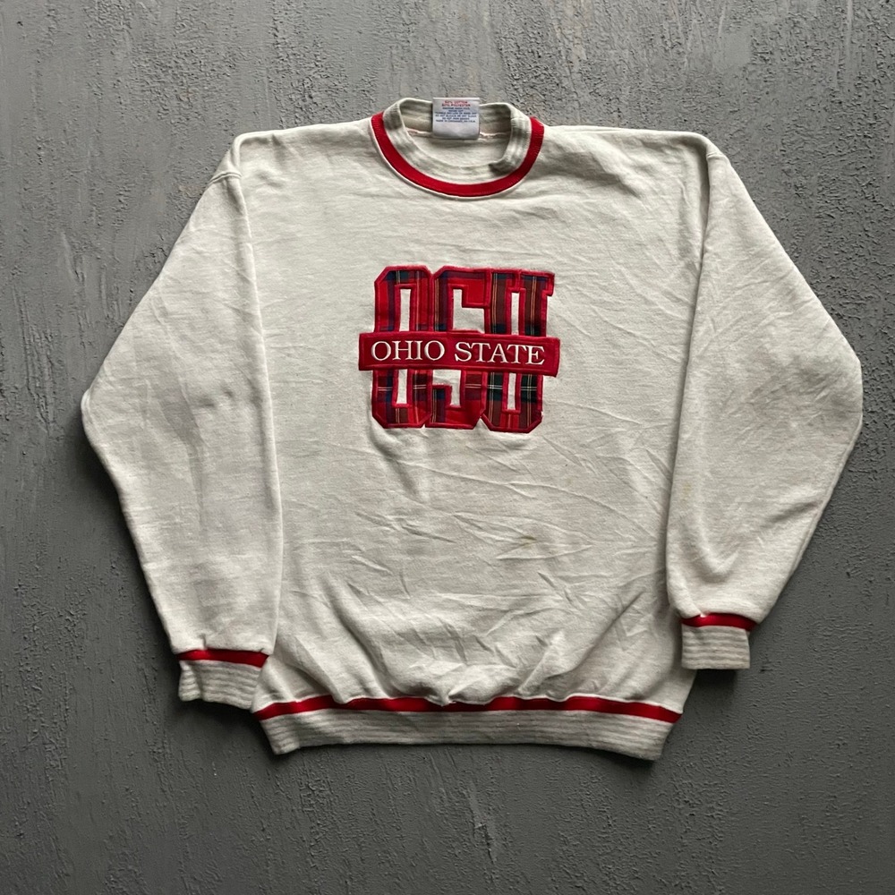 Vintage Ohio State Plaid Logo Sweatshirt Men Large White 90s Crable Sportswear